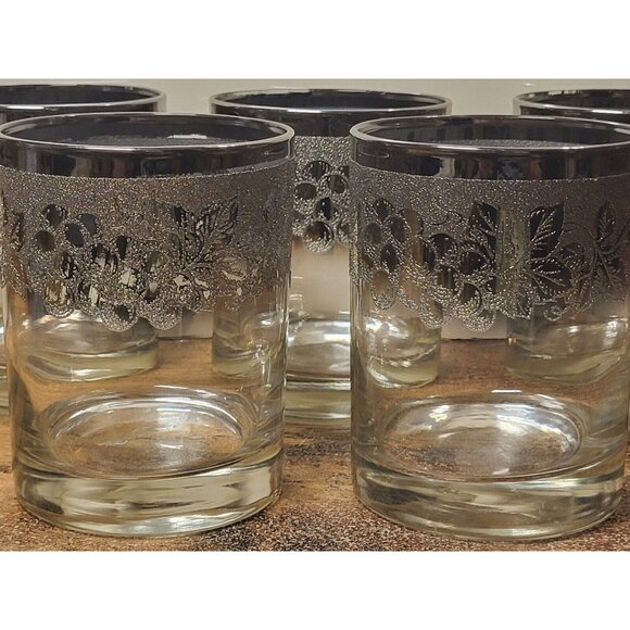 MCM Silver Fade Ombre Old Fashioned Glasses Set of 5 Textured Grapes & Leaves - Picture 10 of 12